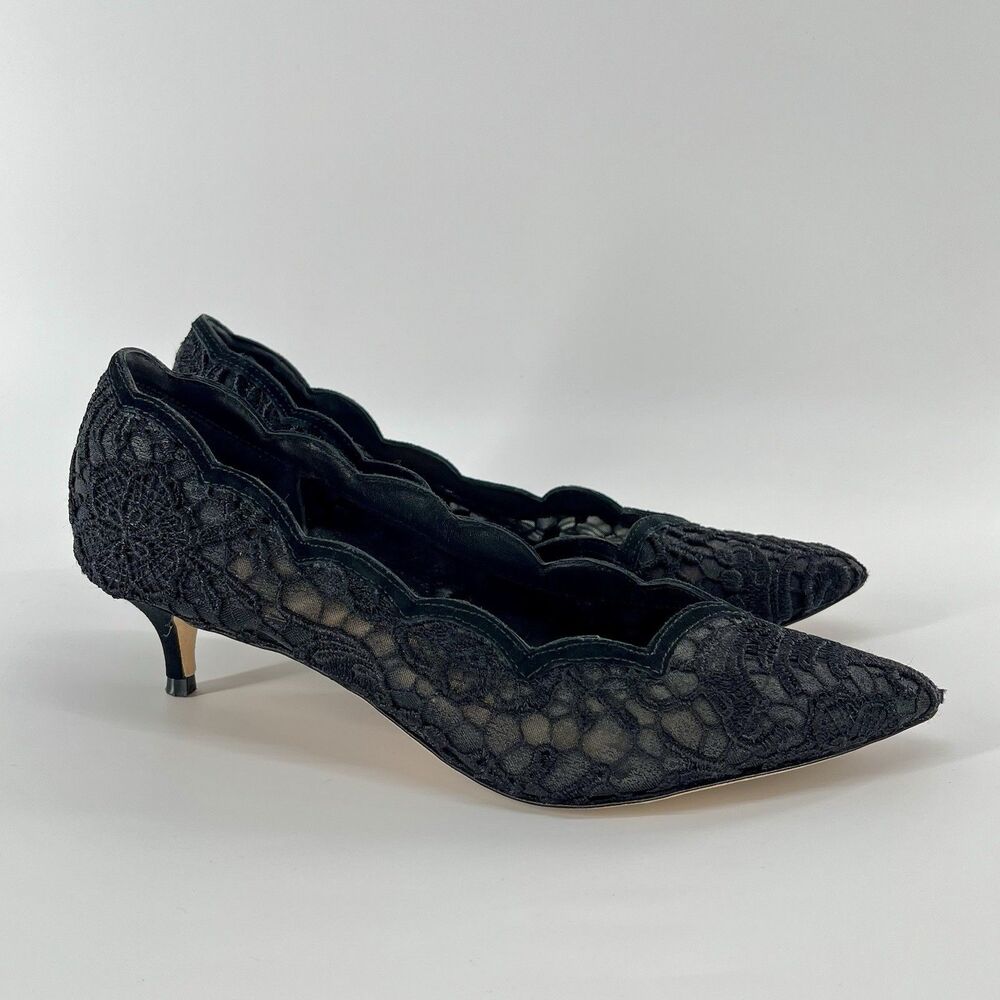 Talbots Black Sylvie Scallop Kitten Heels Womens 7.5 Lace Pointed Toe Pumps